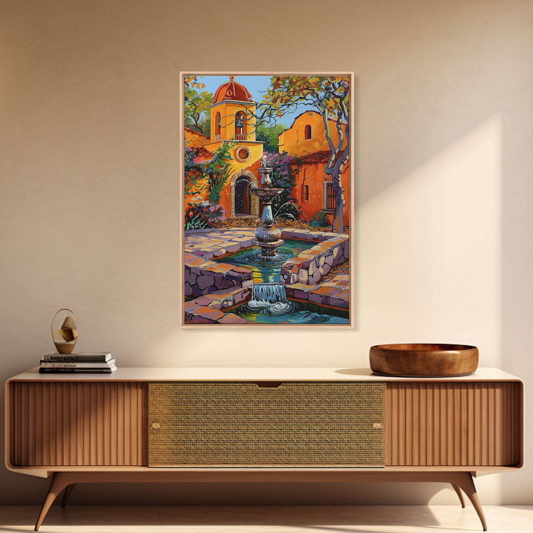 Mexican Style Framed Canvas Print Tall Art Vibrant Outdoor Fountain Scene With Colorful Architecture
