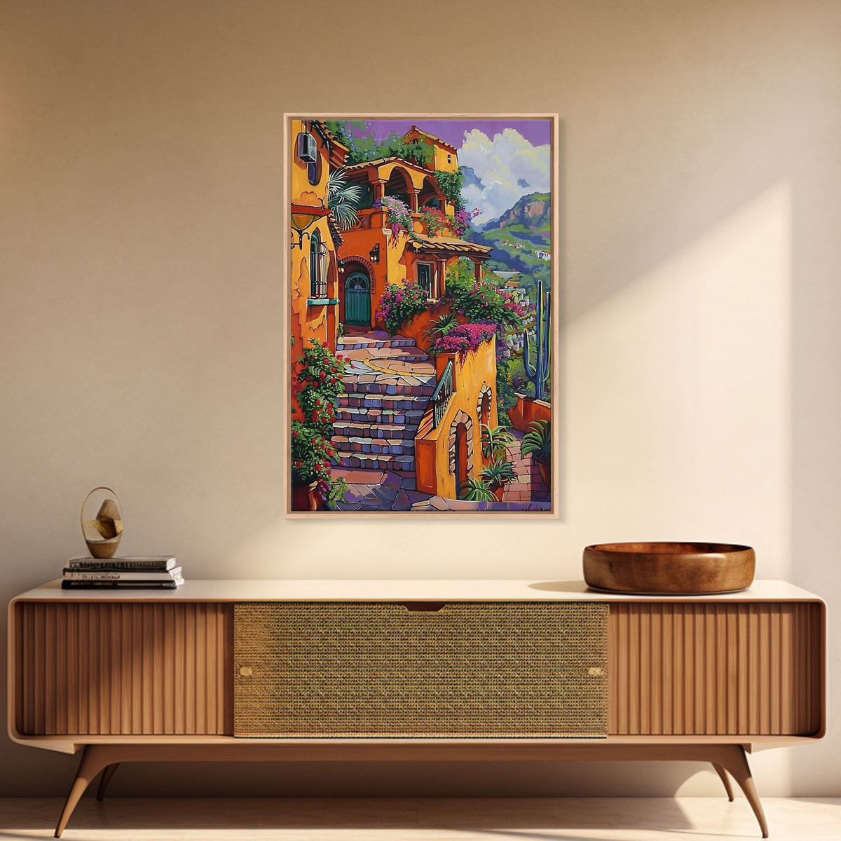 Framed Canvas Print Tall Art Mexican Style Scenic Steps Lined With Colorful Flowers And Architecture