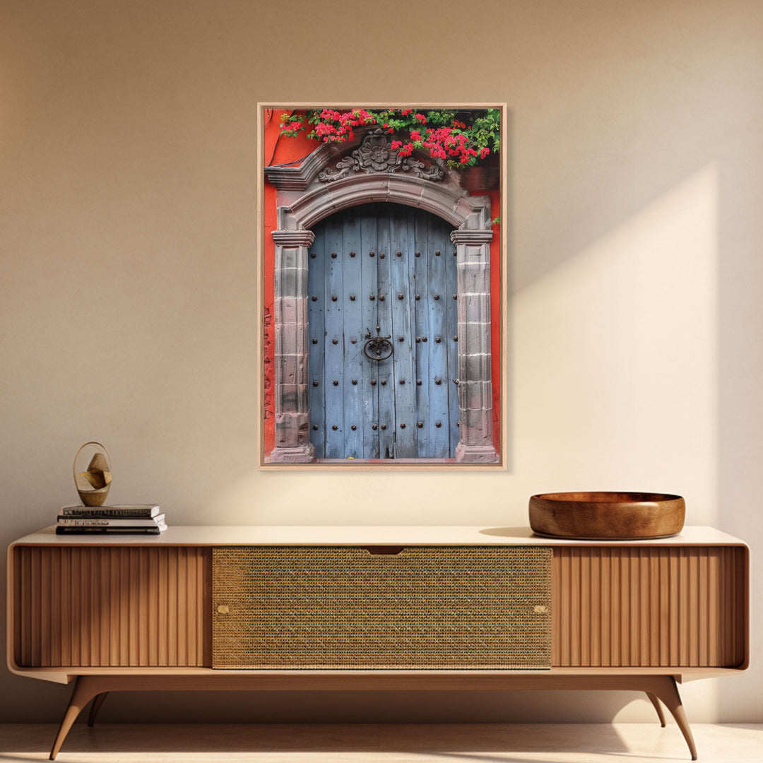 Mexican Style Colorful Architecture Framed Canvas Print Tall Art Depicting Traditional Blue Doors
