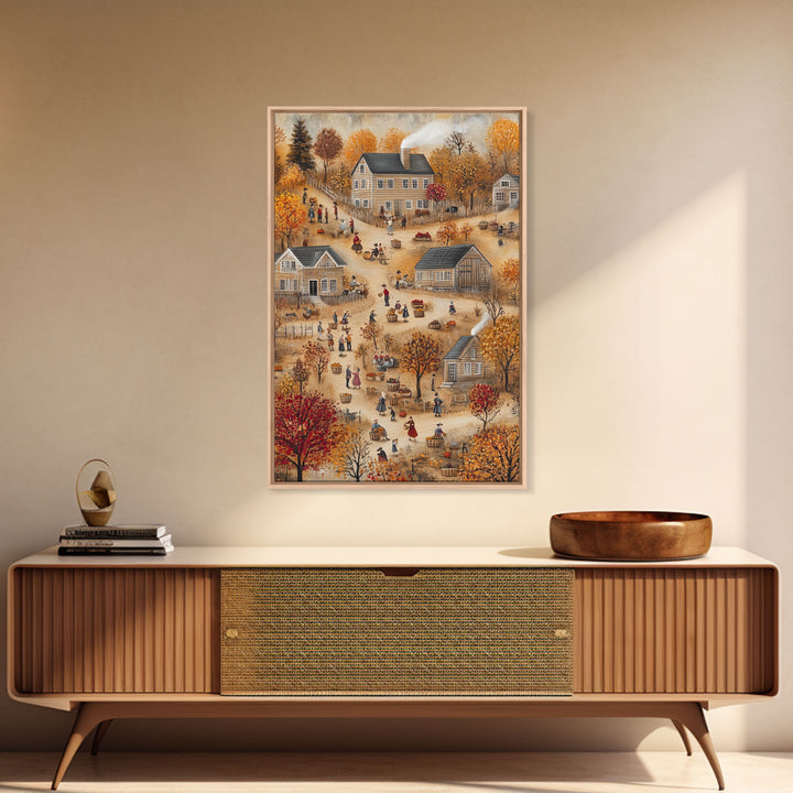 Folk Art Harvest Scene with Autumn Colors and Cozy Farm Activities, Perfect for Framed Canvas Print and Seasonal Wall Decor