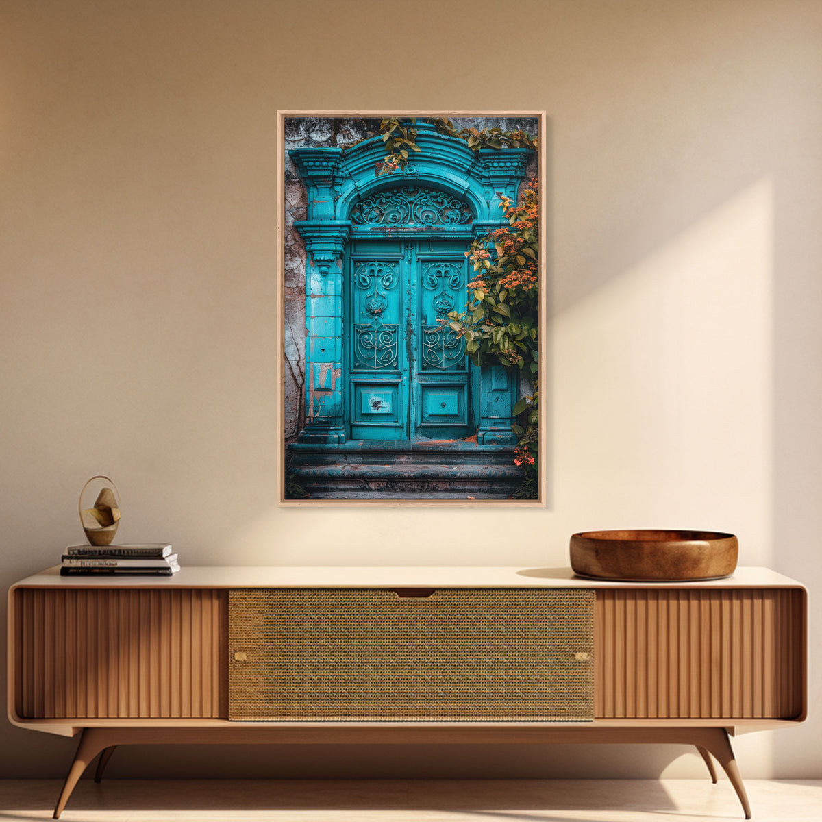 Change23 Mexican Wall Art, Colorful Mexican Door Architecture Painting Framed Canvas Print, Traditional Hacienda Architecture, Ready To Hang
