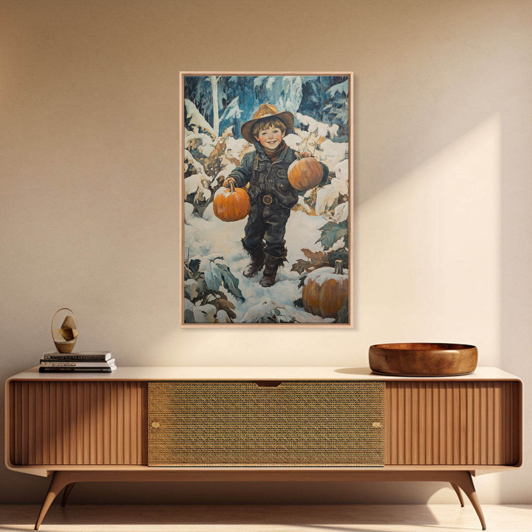 Cowboy Christmas Decor Framed Canvas Print with Pumpkin in Snow, Rustic Holiday Home Wall Art and Seasonal Gift Idea 2024