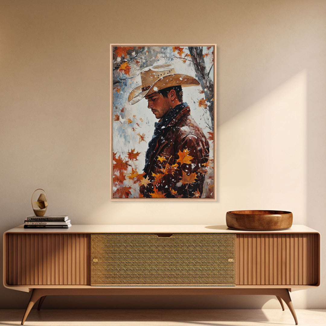 Rustic Cowboy Holiday Art Framed Canvas Print with Falling Leaves, Perfect Autumn Decor and Seasonal Gift Idea 2024