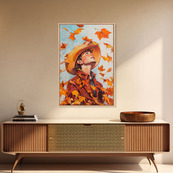 Cowboy Fall Decor Canvas Print with Windblown Leaves, Rustic Farmhouse Autumn Holiday Wall Art Seasonal Gift Idea 2024