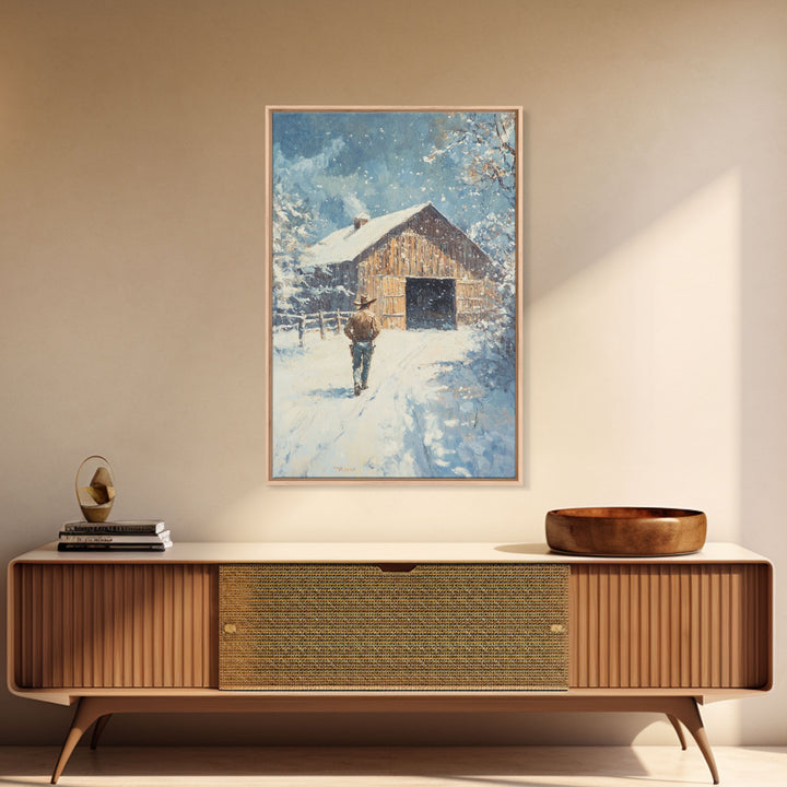 Cowboy Walking in Snow Scene Framed Canvas Print - Moody Landscape Art for Winter Home Decor 2024 Rustic Winter Wall Art