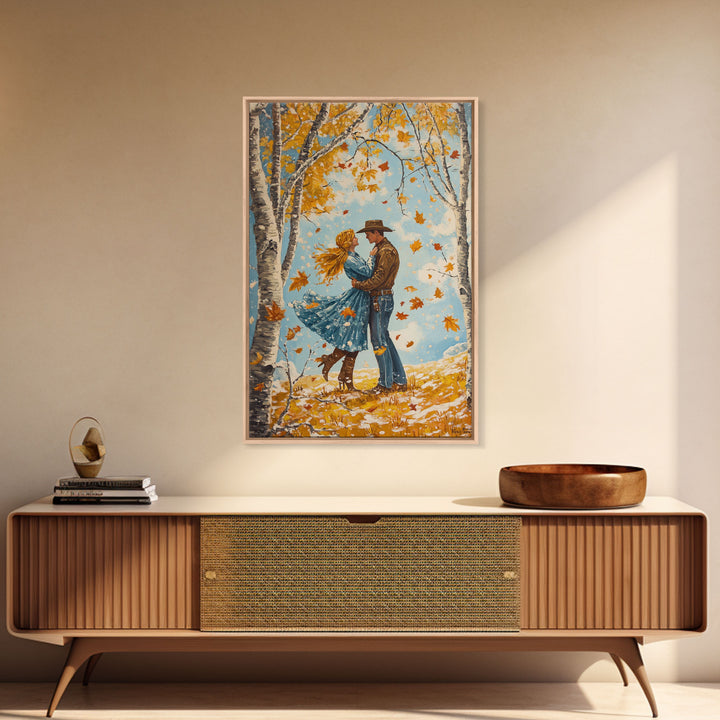 Romantic Fall Couple Framed Canvas Print - 2024 Autumn Love Country Cowboy Art Gift Idea for Fall Home Decor