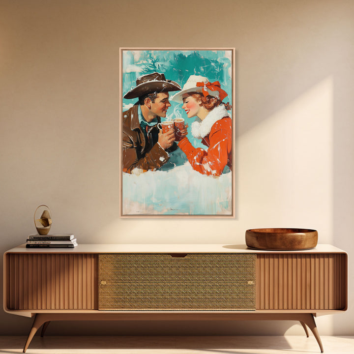 Cozy Couple Hot Cocoa Framed Canvas Print - Retro Vintage Christmas Art 2024 Christmas Decor Perfect for Holiday Wall Art