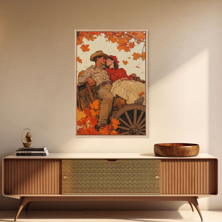 Cozy Fall Couple in Wagon Framed Canvas Print - 2024 Vintage Autumn Love Art Best Gift Idea Fall Farmhouse Wall Decor
