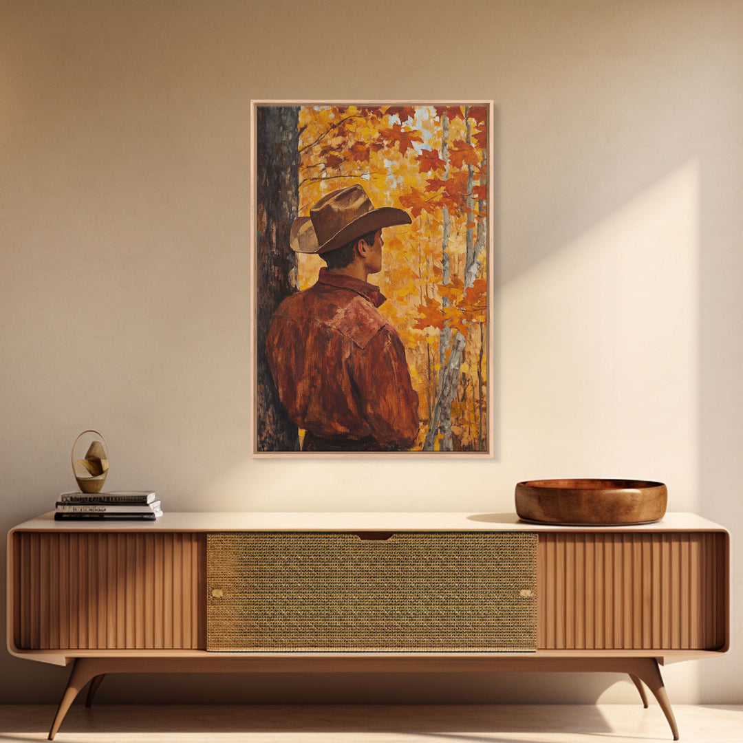 Cowboy in Autumn Forest Framed Canvas Print - Rustic Fall Wall Art Perfect Gift Idea 2024 Country Decor - Moody Landscape Art