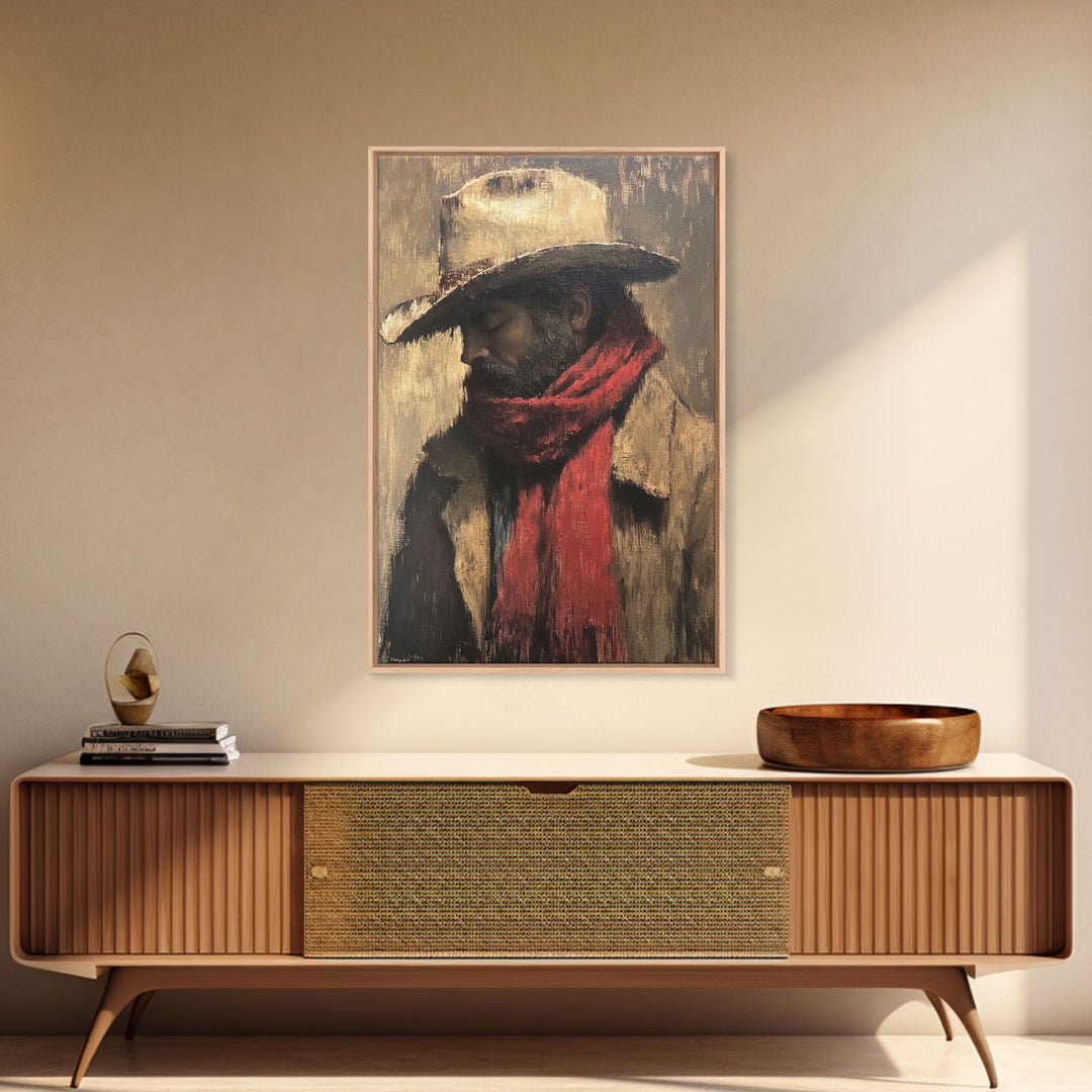 Moody Cowboy with Red Scarf Framed Canvas Print - Rustic Winter Landscape Art Best Gift Idea 2024 Christmas Wall Art