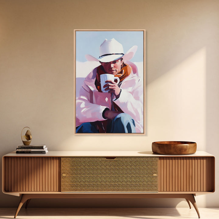 Cowboy with Mug in Snow Framed Canvas Print - Winter Country Scene Art Best 2024 Christmas Wall Decor Gift Idea