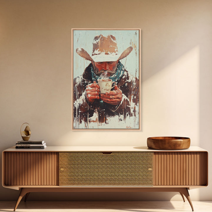 Cowboy Riding Horse in Winter Forest Framed Canvas Print - Moody Winter Landscape Art Perfect 2024 Christmas Home Decor