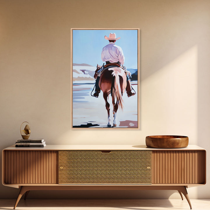 Cowboy Riding Horse Autumn Path with Fall Leaves Framed Canvas Print Vintage Christmas Wall Art Winter Landscape Christmas Decor Gift Idea