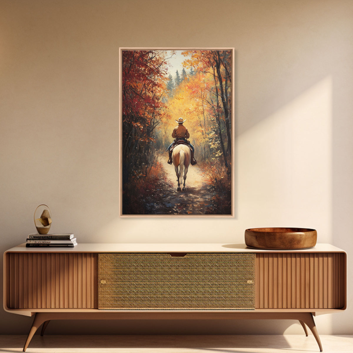 Cowboy Rider in Vibrant Autumn Forest Canvas Print Fall Season Wall Art Gallery Wall Christmas Wall Decor Vintage Cowboy Art Gift Idea