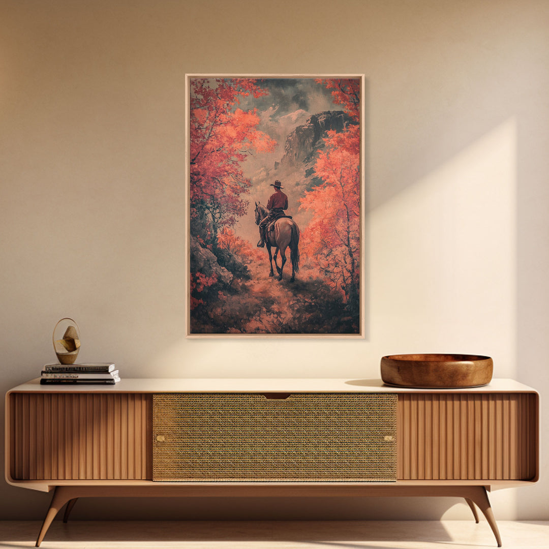 Cowboy in Forested Autumn Trail Framed Canvas Print Vintage Christmas Wall Decor Autumn Landscape Christmas Art Print Country Christmas