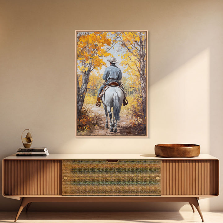 Lone Cowboy Riding Through Red Autumn Trees Framed Canvas Print Vintage Christmas Wall Art Fall Decor Winter Wonderland Seasonal Wall Art