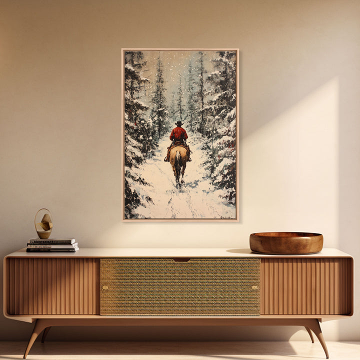 Cowboy on Horseback in Golden Autumn Trees Framed Canvas Print Rustic Christmas Wall Art Fall Decor Country Christmas Gift Seasonal Wall Art