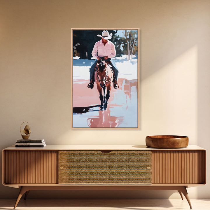 Cowboy Riding Through Snowy Winter Woods Framed Canvas Print Vintage Christmas Wall Art Winter Landscape Decor Landscape Christmas Decor