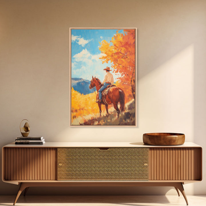 Cowboy in Colorful Autumn Trail Framed Canvas Print Country Christmas Decor Fall Wall Art Vintage Christmas Decor Gift Idea Gallery Wall Art