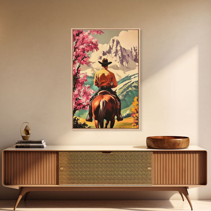 Cowboy Rider in Autumn Field with Mountains Framed Canvas Print Fall Landscape Wall Art Christmas Wall Decor Vintage Christmas Gift Idea