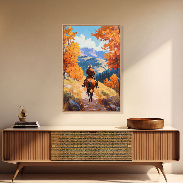 Cowboy Riding Through Autumn Mountains Framed Canvas Print Fall Landscape Art Christmas Decor Seasonal Wall Art Cowboy Christmas Gift Idea