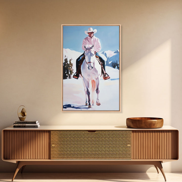 Lone Cowboy on White Horse in Snowy Landscape Canvas Print Winter Christmas Art Seasonal Wall Art Vintage Christmas Moody Landscape Gift