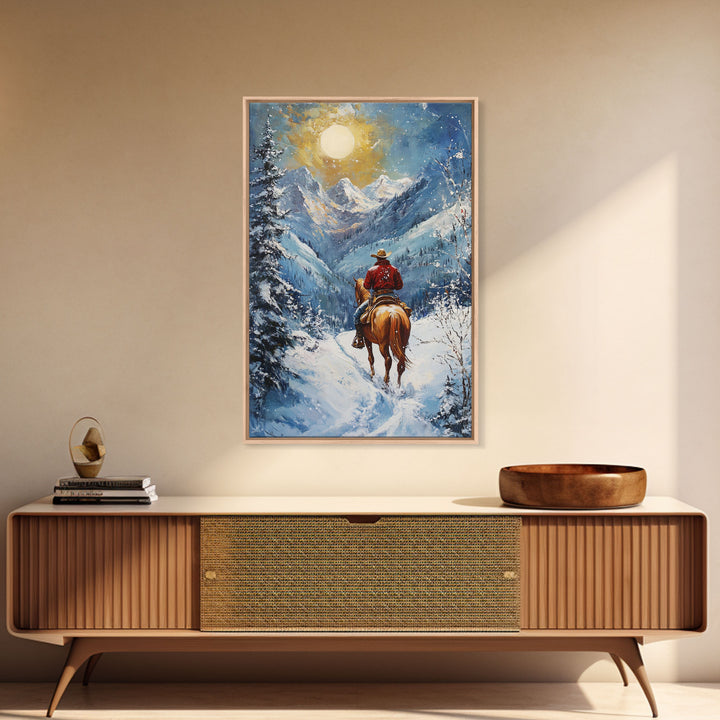 Cowboy in Winter Mountain Scene Canvas Print Christmas Wall Art Vintage Christmas Decor Winter Wonderland Gift Idea Seasonal Wall Art