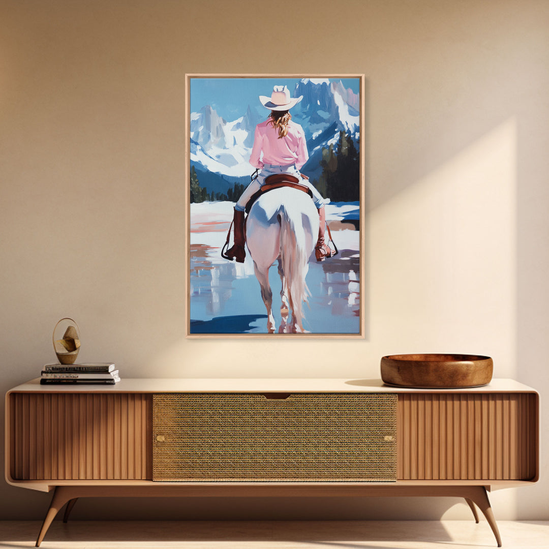Female Cowboy Riding Through Winter Mountains Framed Canvas Print Christmas Wall Art Winter Wonderland Vintage Christmas Gift Wall Art