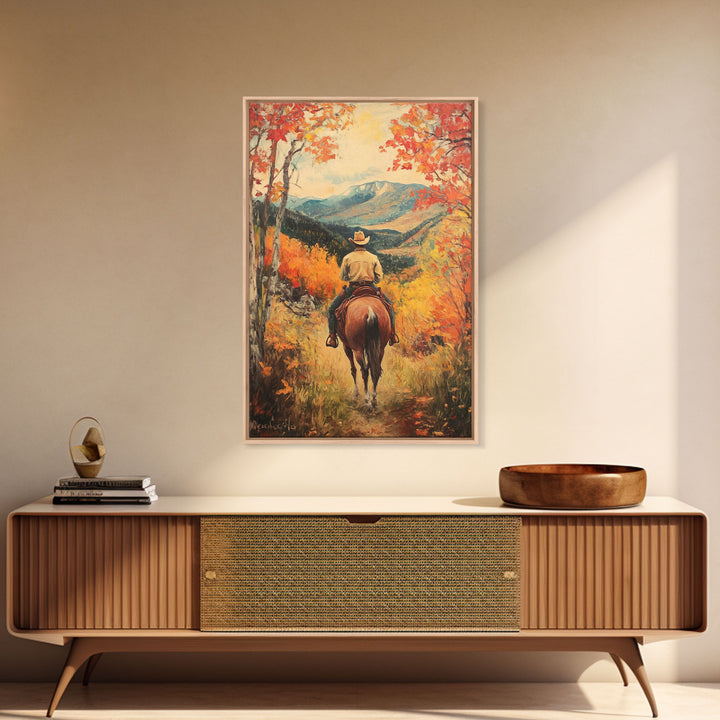 Cowboy in Autumn Landscape Canvas Print Fall Wall Art Vintage Christmas Wall Decor Country Christmas Gift Seasonal Wall Art Fall Decor