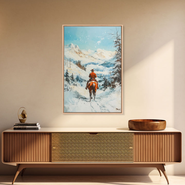 Cowboy Riding Through Snowy Mountains Framed Canvas Print Christmas Wall Art Winter Wonderland Decor Seasonal Wall Art Christmas Gift Idea