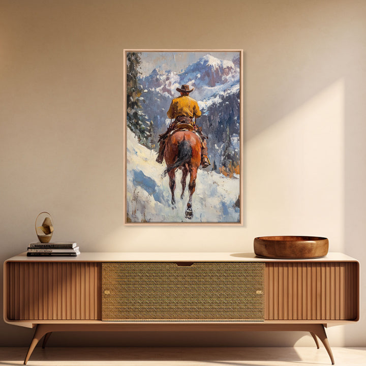 Cowboy on Horseback in Autumn Mountains Canvas Print Fall Wall Art Vintage Christmas Decor Country Christmas Wall Art Gift Idea Seasonal Art