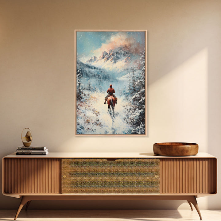 Cowboy in Winter Mountains Framed Canvas Print Christmas Wall Art Winter Wonderland Decor Vintage Christmas Gift Idea Moody Landscape Art