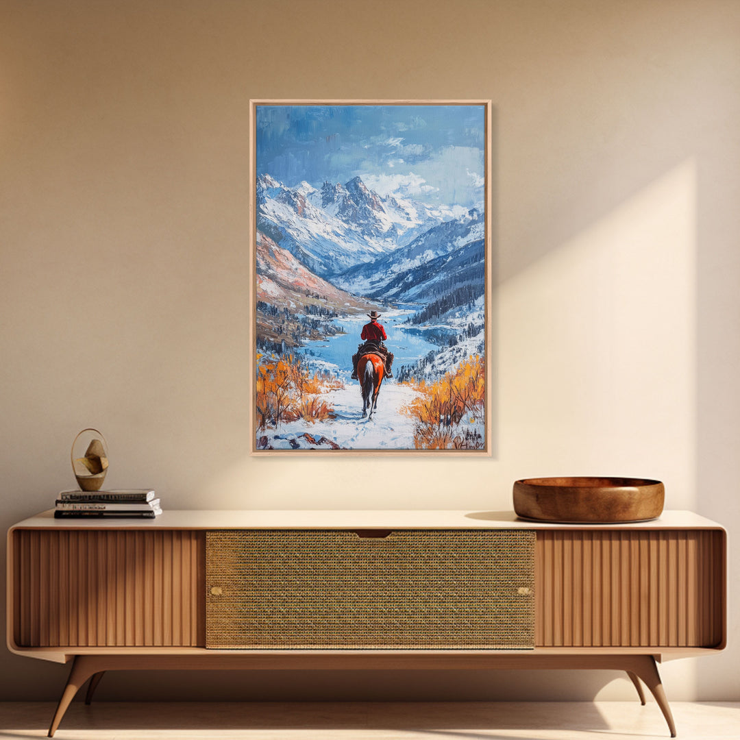 Cowboy in Snowy Mountain Range Canvas Print Winter Wonderland Art Christmas Decor Seasonal Wall Art Vintage Christmas Gift Christmas Decor