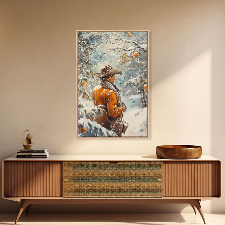 Cowboy in Snowy Orchard Canvas Print with Frosty, Christmas Wall Art Gift, Seasonal Decor, Winter Wonderland, Holiday Decor, Canvas Print