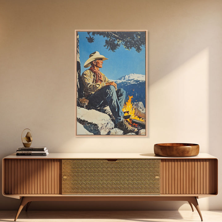 Cowboy Resting by the Fire Canvas Print, Winter Mountain Scene, Seasonal Wall Art, Rustic Western Decor, Holiday Gift, Framed Canvas Print