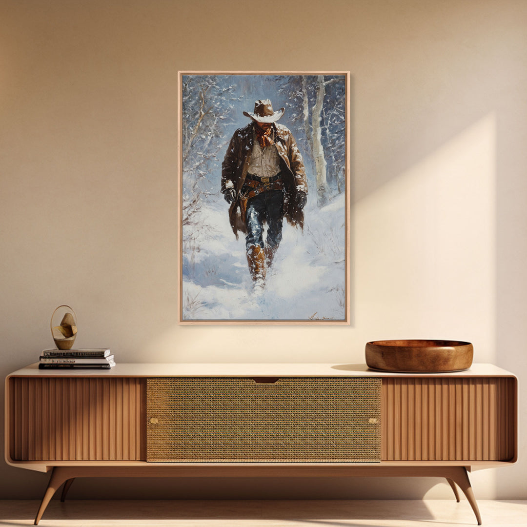 Cowboy Riding Horse in Snowy Forest Canvas Print, Winter Wall Art, Western, Rustic Christmas Wall Art, Seasonal Holiday Decor, Canvas Print