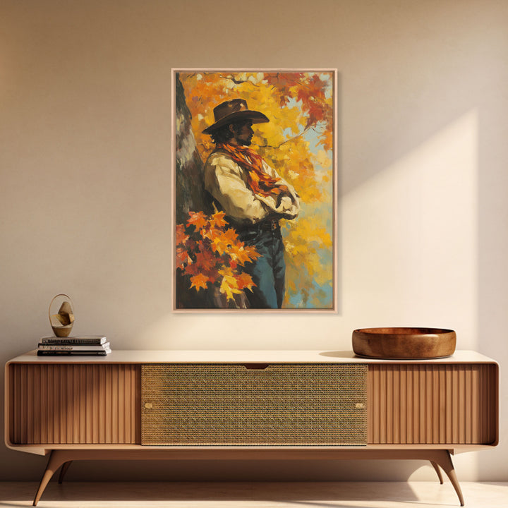 Cowboy Walking in Winter Forest at Sunset Canvas Print, Seasonal Western Wall Art, Rustic Christmas Wall Decor, Vibes, Framed Canvas Print