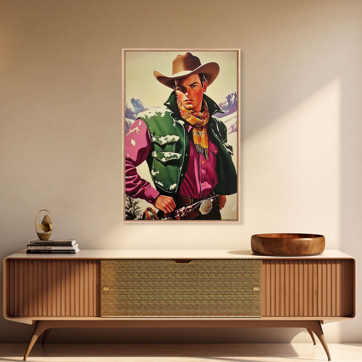 Retro Cowboy in Snowy Mountain Canvas Print, Winter Wall Art, Holiday Decor, Vintage Christmas Art, Rustic Wall Decor, Framed Canvas Print