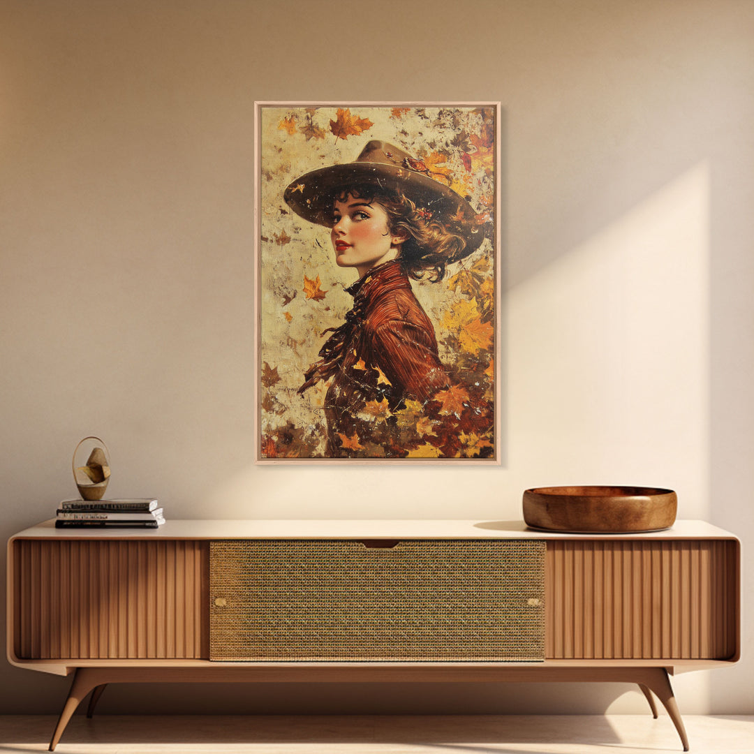 Autumn Cowgirl Portrait Canvas Print, Vintage Fall Wall Art, Farmhouse Decor, Holiday Art, Perfect Home Decor Gift Idea, Framed Canvas Print