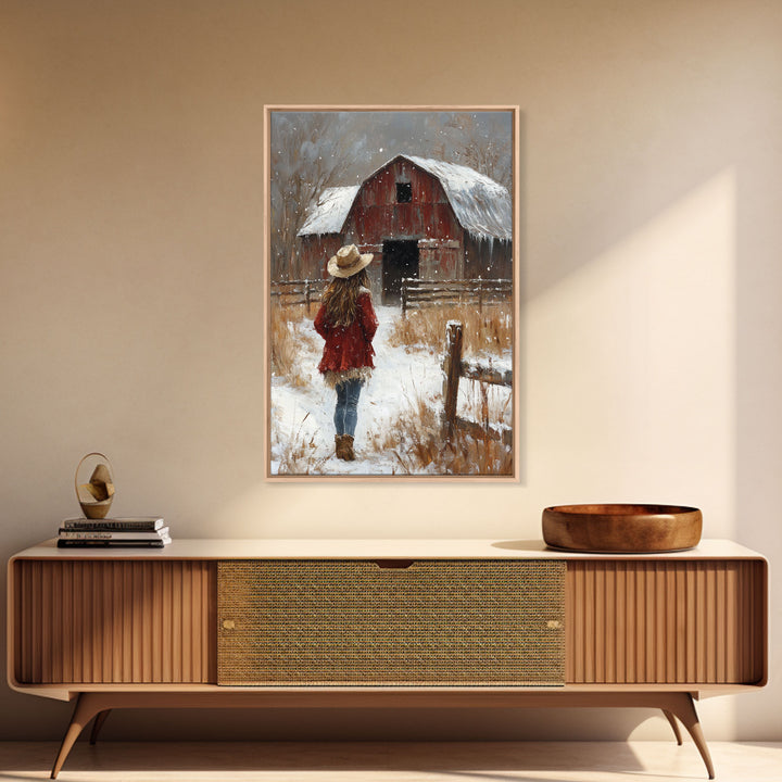 Country Girl with Falling Leaves Canvas Print, Autumn Wall Art, Farmhouse Holiday Decor, Fall Decor, Trendy Wall Art, Framed Canvas Print