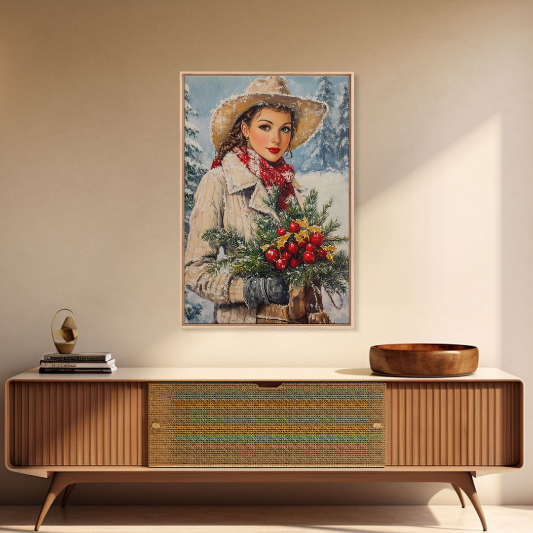 Cozy Christmas framed canvas print woman carrying holiday greenery in snowy winter scene perfect for vintage Christmas home decor