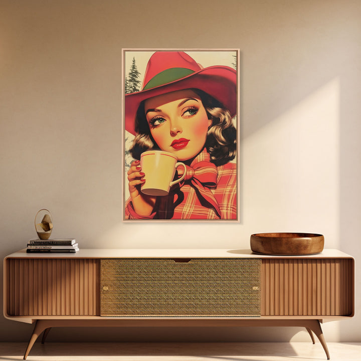 Retro Christmas holiday art framed canvas print a stylish woman with coffee holiday wall art perfect for vintage Christmas home decor