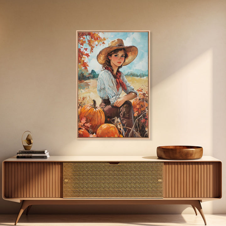 Country fall harvest framed canvas print pumpkins and a serene autumn landscape perfect seasonal wall art for rustic farmhouse home decor