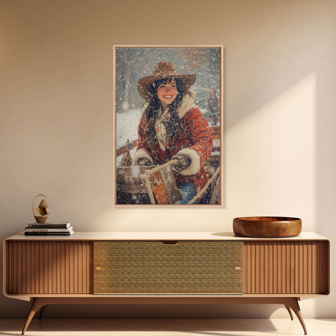 Country Christmas framed canvas print cheerful woman enjoying a snowy ride perfect seasonal wall art or vintage holiday home decor idea
