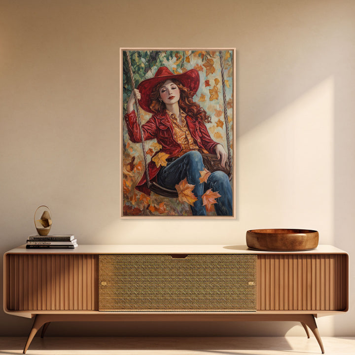 Fall Cowgirl Enjoying Her Swing, Framed Canvas Print, Autumn Decor, Cute Wall Art Gift Idea