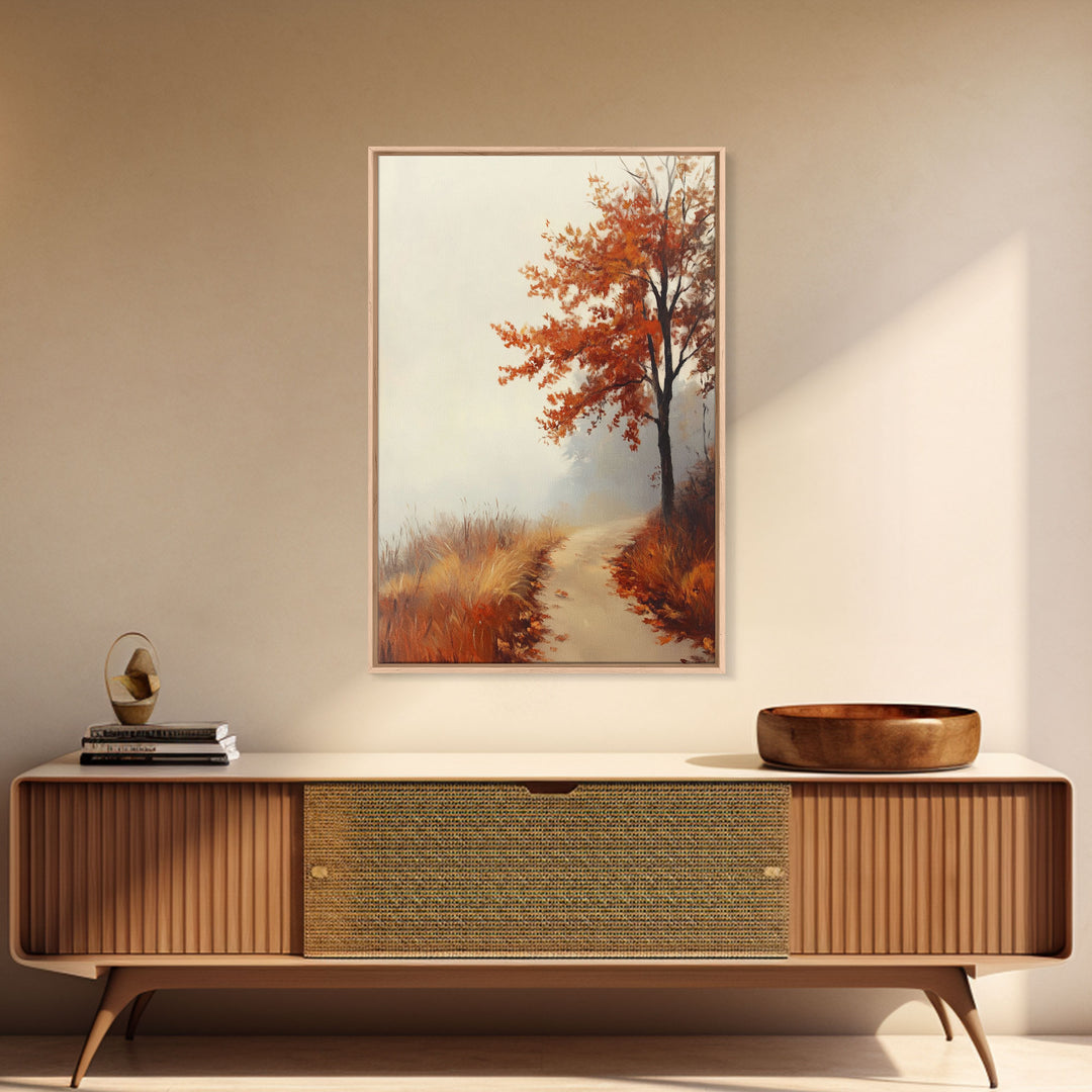 Framed Canvas Print of a Cozy Autumn Path with Trees and Fall Leaves, Rustic Country Decor, Moody Landscape Art, Best Gift Idea, Fall Decor