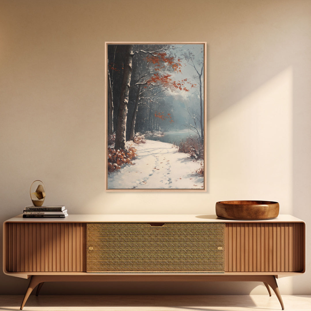 Framed Canvas Print of a Snowy Path with Trees and Red Leaves, Winter Wall Art, Moody Landscape, Best Gift Idea, Modern Christmas Decor
