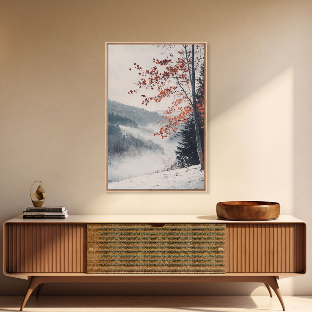 Canvas Print of Snowy Mountain Trees Red Leaves, Winter Wonderland Wall Art, Best Gift Idea, Moody Landscape, Rustic Christmas Decor