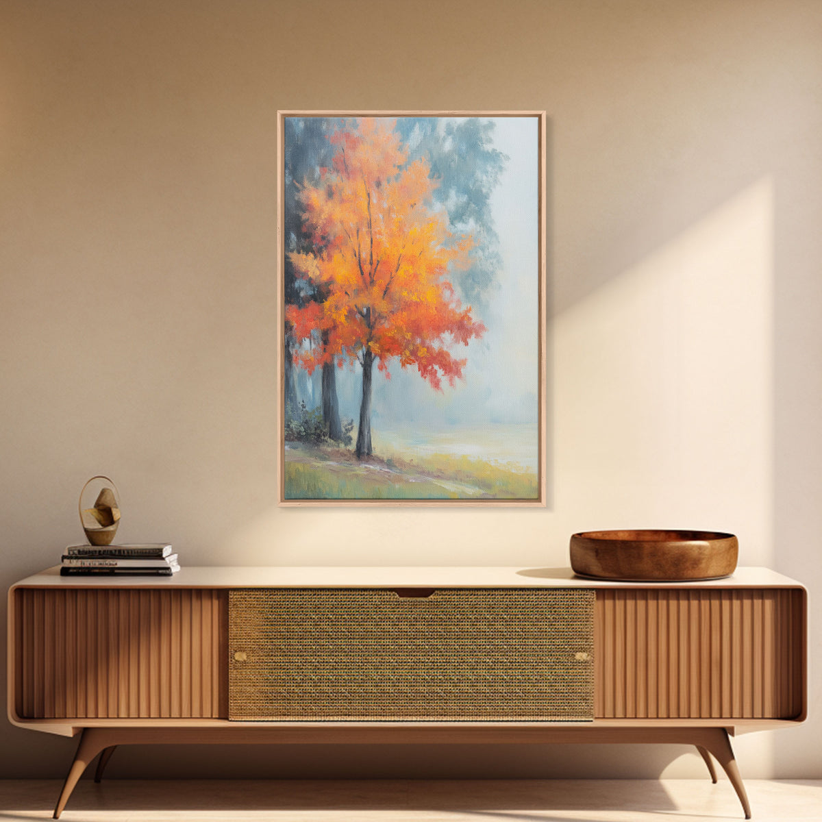 Canvas Print of Vibrant Autumn Tree in Misty Background, Seasonal Wall Art, Fall Decor, Best Gift Idea, Modern Farmhouse Landscape Art