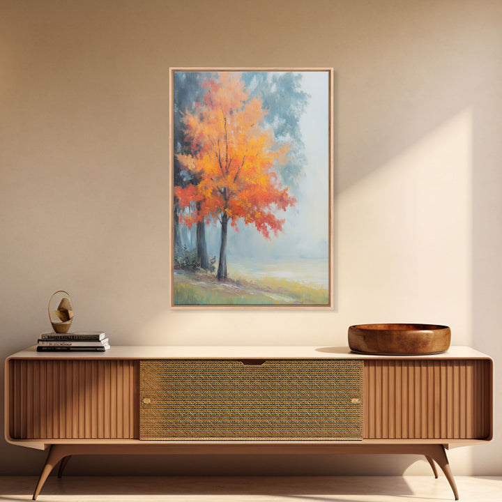 Canvas Print of Vibrant Autumn Tree in Misty Background, Seasonal Wall Art, Fall Decor, Best Gift Idea, Modern Farmhouse Landscape Art